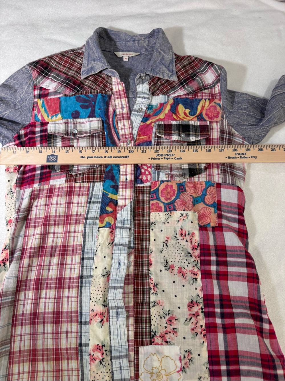 Sundance Medium Patchwork Plaid Floral Chambray Denim Button Down Boho Shirt - Picture 9 of 13